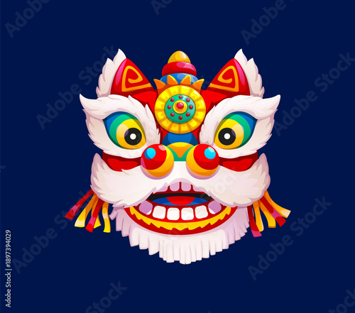 Chinese Lunar New Year cute Guangdong lion head, CNY Asian symbol of culture, celebration and holiday spirit. Cartoon vector traditional lion dance mask. Festive animal character funny face with fur