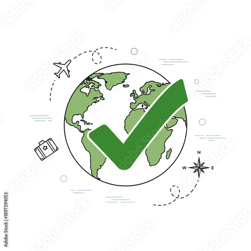 Large Green Check Mark Over Earth Globe Symbolizing Global Approval.
