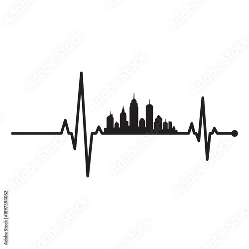 Heartbeat line integrated with a cityscape silhouette, representing the pulse of the city and urban life.