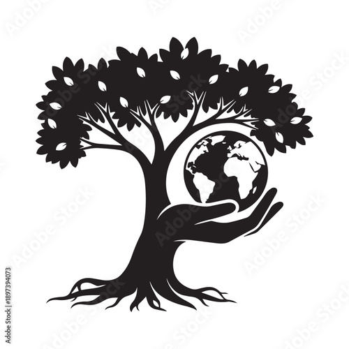 Silhouette of a nurturing hand holding the Earth, with a tree growing from it, symbolizing global care and environmentalism.