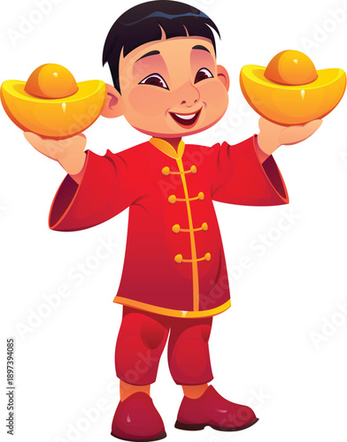 Chinese Lunar New Year kid, Asian holiday character. Cartoon vector happy child boy dressed in traditional red festive holiday attire of China holding gold ingots symbol of good fortune and prosperity