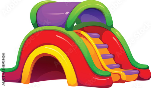 Trampoline park inflatable vector bouncy slide with red arch tunnel and green curved edges, orange slope with purple steps. Amusement park, playground and funfair bouncy slide for children fun games