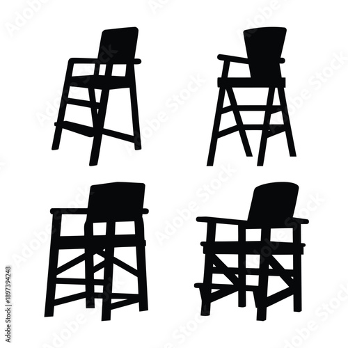 Silhouettes of four distinct high chairs, suitable for lifeguard or umpire roles, against a white backdrop