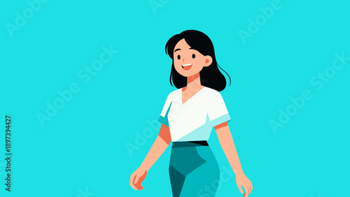 Smiling woman in white shirt and blue skirt