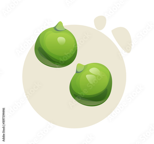 Cartoon green pea legumes rich in plant based protein, dietary fiber, vitamins A, C and K. Also pea contain folate, antioxidants and essential minerals. Support immunity and overall health