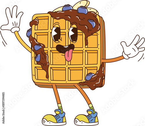 Retro cartoon cheerful groovy Belgian waffle vector character topped with chocolate syrup, blueberry berries or fruit pieces. Wafer with happy face, sticking tongue and wearing vintage hippie sneakers