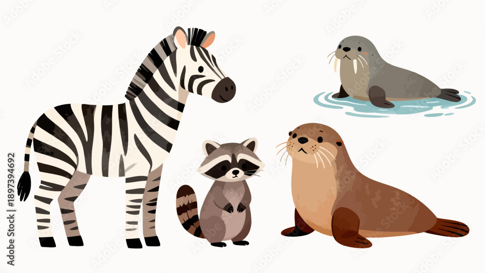 Naklejka premium Cartoon animals including zebra raccoon seal
