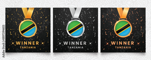 Premium Tanzania winner set featuring gold, silver and bronze medals with the national flag design, displayed on a dark background with festive confetti and sparkling highlights