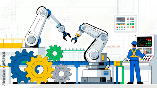 Factory worker with robotic arms