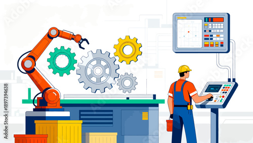 Factory worker operating robotic arm