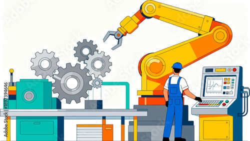 Factory worker with robotic arm and gears