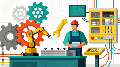 Factory worker with robotic arm