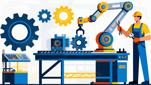 Factory worker with robotic arm