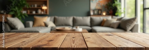 Empty rustic wood table, blurred living room backdrop, light, wood grain