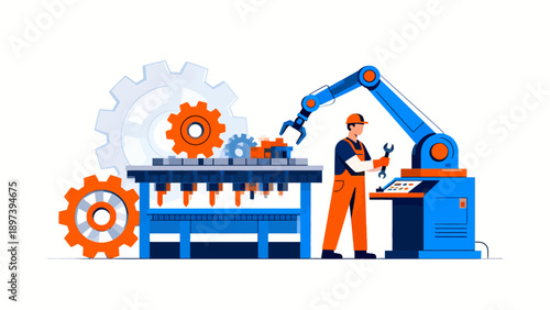 Worker with robotic arm in factory