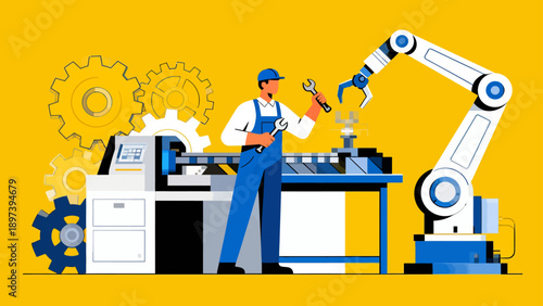 Worker with robotic arm in factory