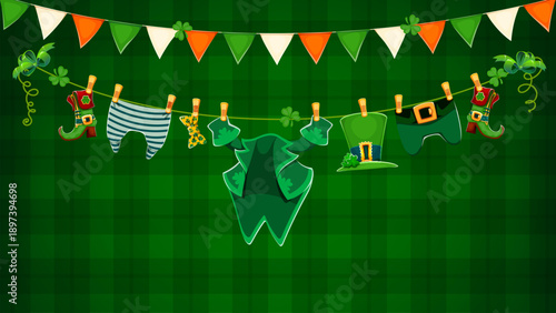 Saint Patrick's day Irish holiday banner with leprechaun clothes and boots, vector greeting card. Happy St Patrick Day banner with Ireland flags and leprechaun laundry clothes hanging on clothesline