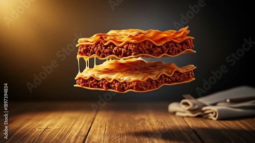 Delicious Slice of Homemade Lasagna Floating Magically in the Air.