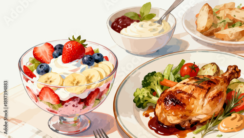 Fruit dessert and grilled chicken meal