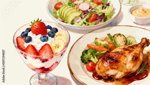 Healthy meal with dessert and salad