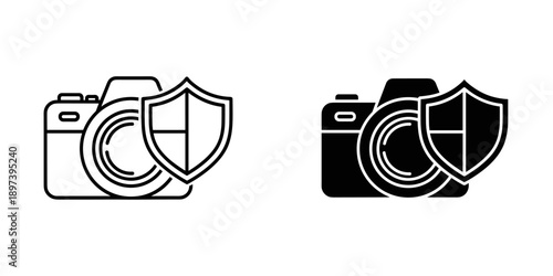 Camera with Shield Icon, Security and Protection Concept, Black and White