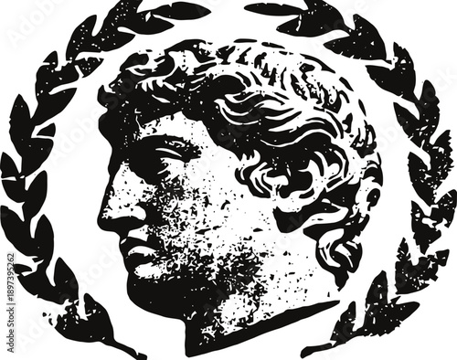 Ancient roman profile of a male head surrounded by a laurel wreath illustration