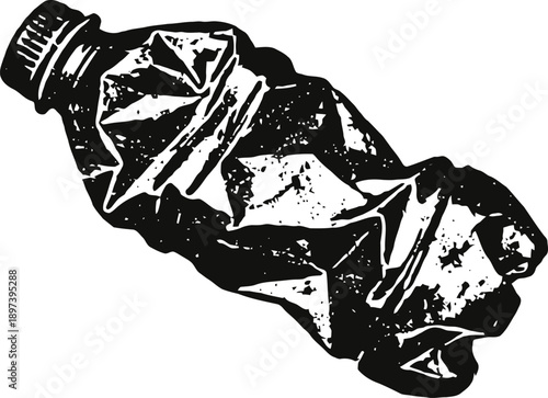 Crushed plastic bottle silhouette, recyclable plastic waste pollution symbol illustration