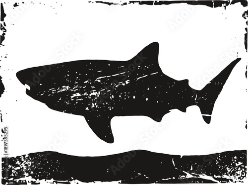 Black distressed silhouette of a shark with grunge texture on white background