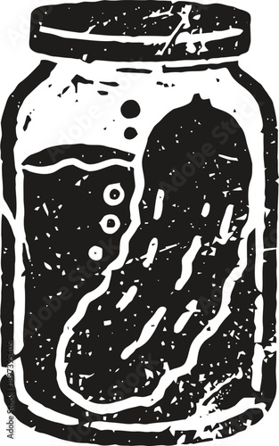 Jar with pickle illustration in vintage grunge style, preserved vegetable in glass container