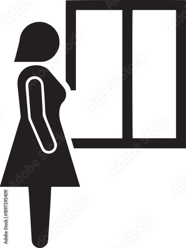 Silhouette of a woman with a suitcase standing by the window