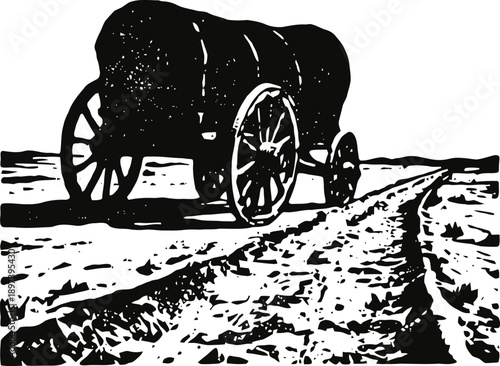 Covered wagon traveling along a dirt road in a rural desert landscape, old western transport