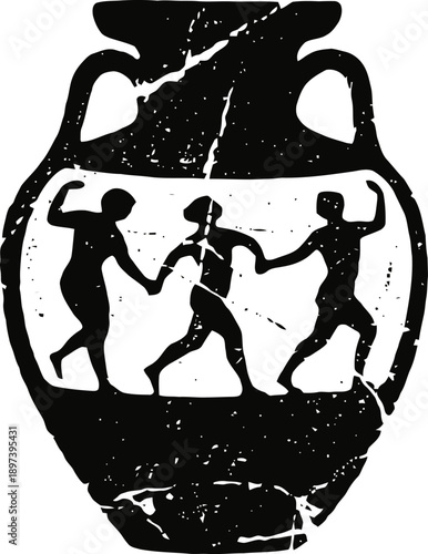 Ancient greek black figure pottery vase with three dancing human figures holding hands