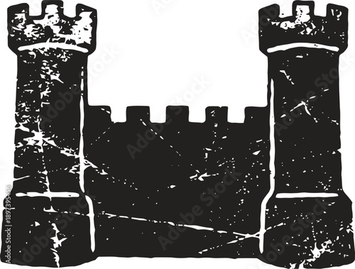 Black castle silhouette with two towers and battlements, vintage medieval fortress design