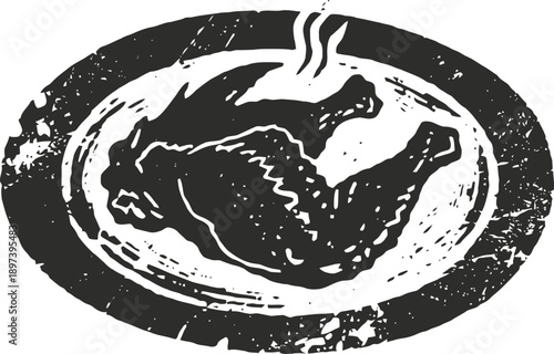 Grilled chicken wings on plate with steam rising, vintage rustic food illustration