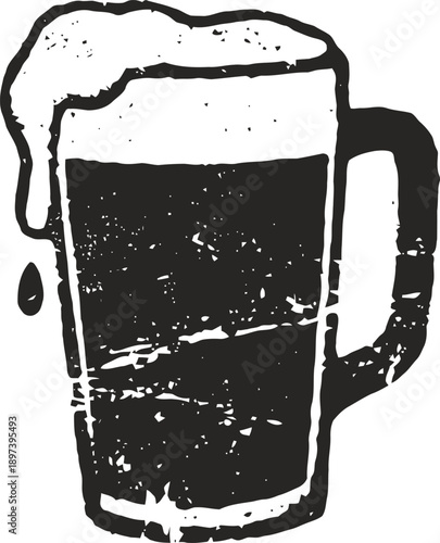 grunge beer mug with frothy head and drip, vintage alcohol design illustration