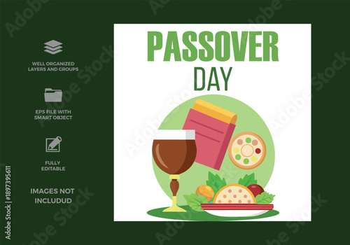 A vibrant illustration for passover day celebration featuring traditional foods and wine