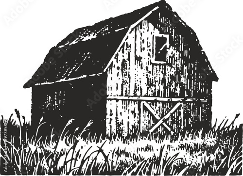 Rustic wooden barn surrounded by tall grass, countryside agricultural farm building illustration
