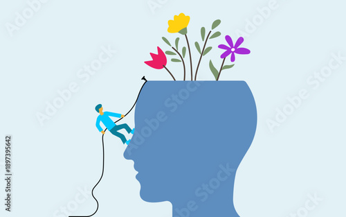Man climbing up above head flower plants, self care love mental health illustration
