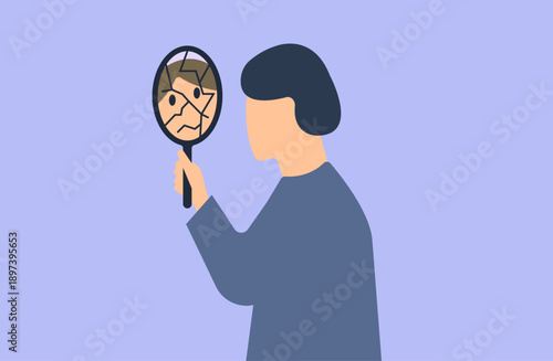 A man holding and looking at a cracked mirror, self-doubt, mental health, and loneliness concept illustration