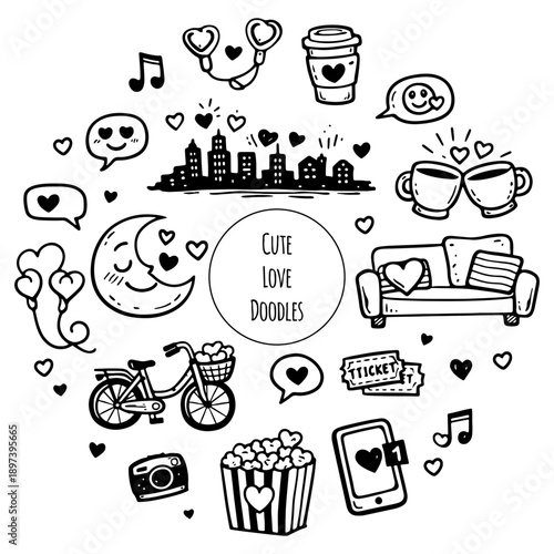 Hand draw doodle valentines day illustration. Love decorative elements with hearts
