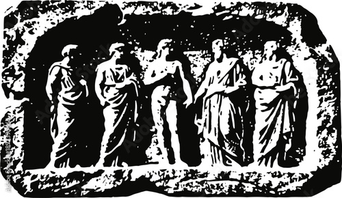 ancient classical greek stone relief with five draped men in traditional attire carved in black and white