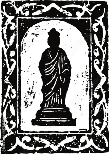 Silhouette of standing buddha statue with ornate decorative frame in black and white