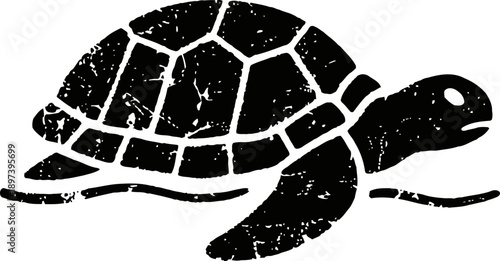 Black turtle silhouette with textured grunge effect, sea turtle swimming underwater illustration