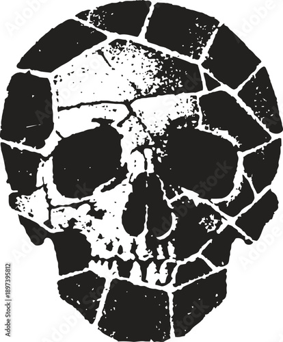 Cracked skull silhouette with fragmented stone texture on white background, spooky halloween design