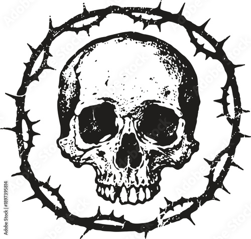 human skull surrounded by a crown of thorns, monochrome gothic illustration
