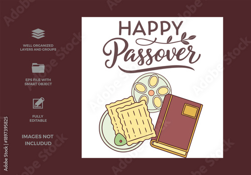 Happy passover greeting card design with traditional seder elements and a haggadah