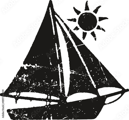 Sailboat and sun silhouette vintage sailing boat with triangular sails and sun icon nautical watercraft maritime travel concept