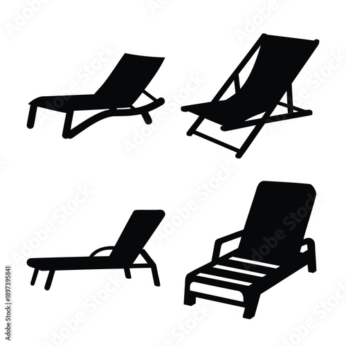 Silhouettes of various black lounge and deck chairs perfect for relaxation and outdoor leisure