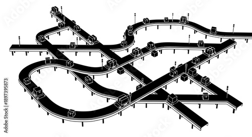 Complex industrial conveyor belt system with boxes on a white background