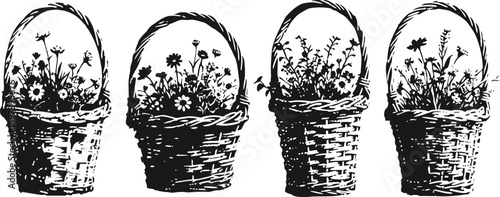 wicker baskets filled with wildflowers, rustic floral arrangement, vintage garden decor